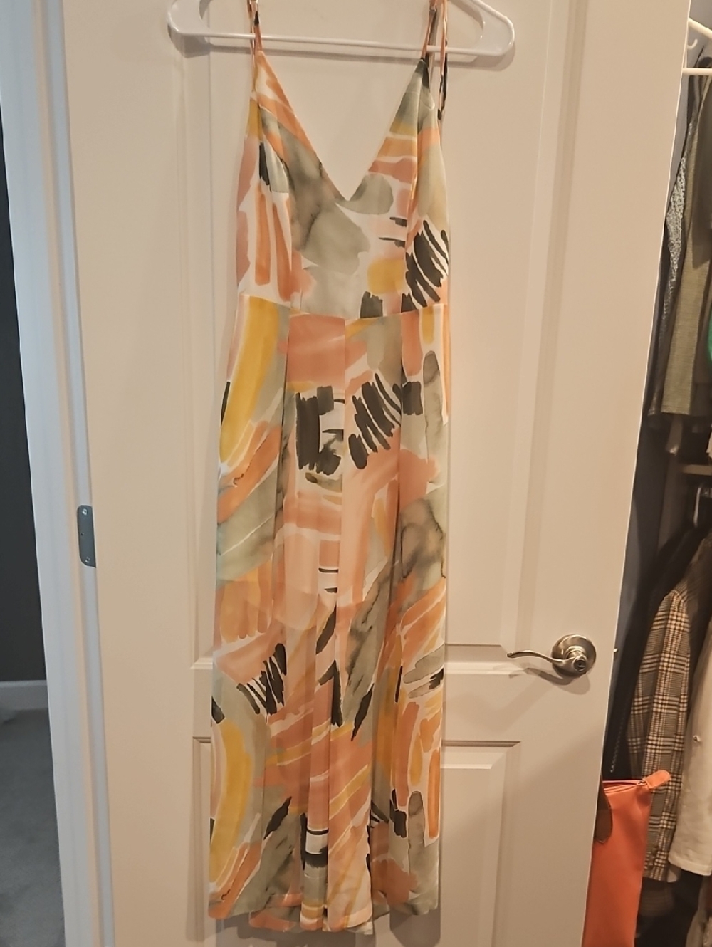 Sleevless V-Neck Abstract Print Jumpsuit Peach Multi